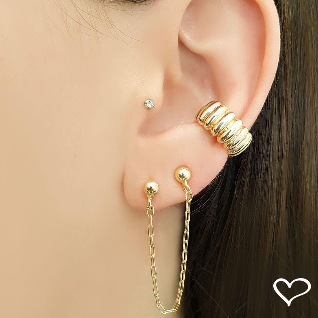 Brinco Ear Line Pietra Bolinha Folheado a Ouro 18k