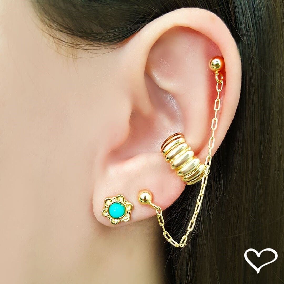 Brinco Ear Line Pietra Bolinha Folheado a Ouro 18k