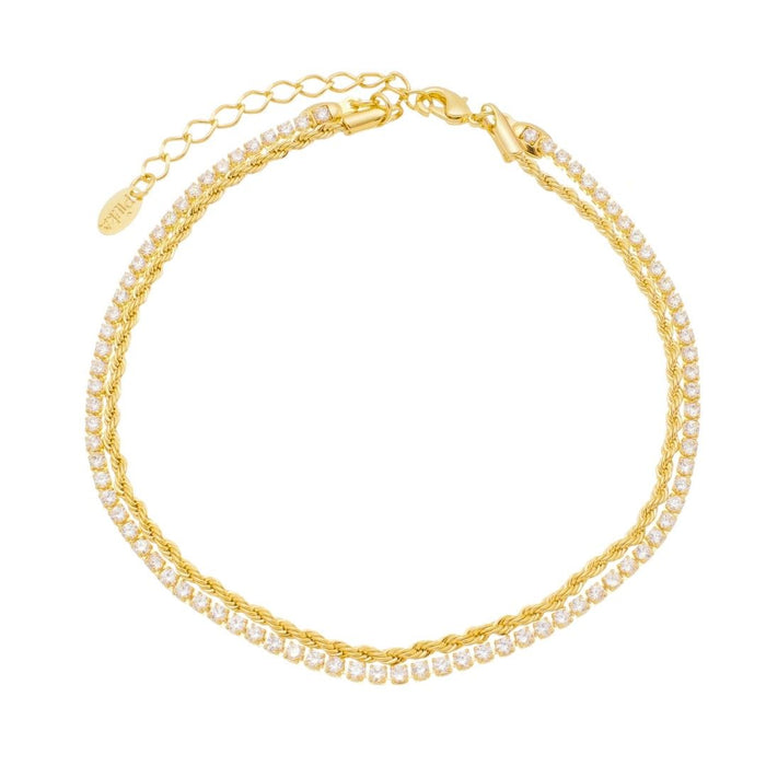 Tornozeleira Piuka Meg Duas Voltas Cordão Baiano e Zircônias Folheada a Ouro 18k