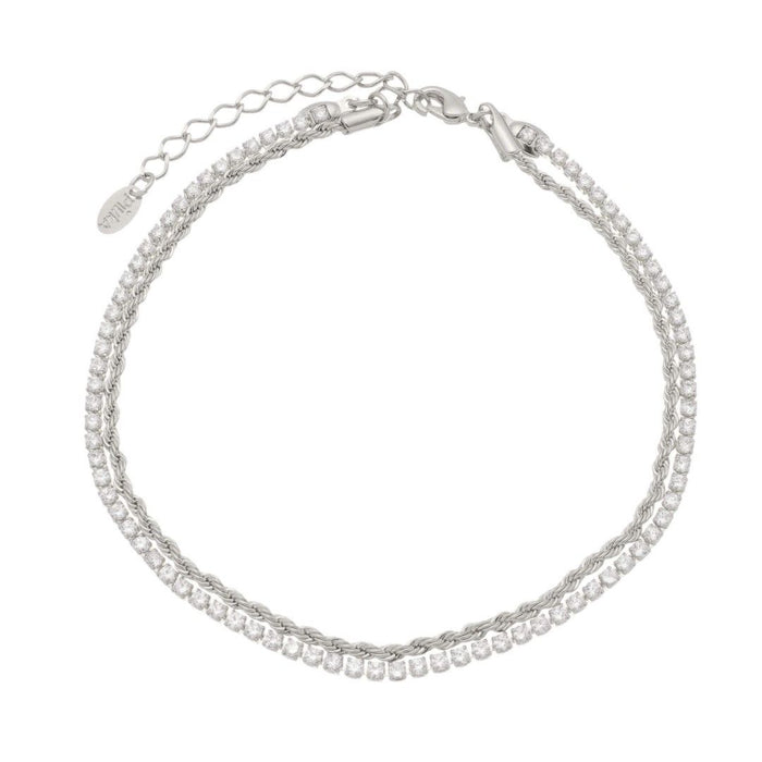 Tornozeleira Piuka Meg Duas Voltas Cordão Baiano e Zircônias Folheada em Ródio Branco