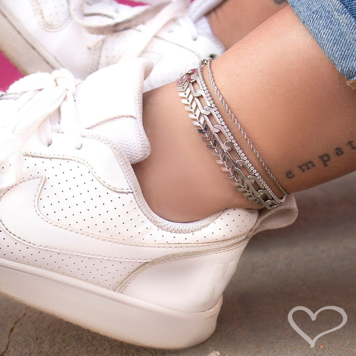 Tornozeleira Piuka Meg Duas Voltas Cordão Baiano e Zircônias Folheada em Ródio Branco