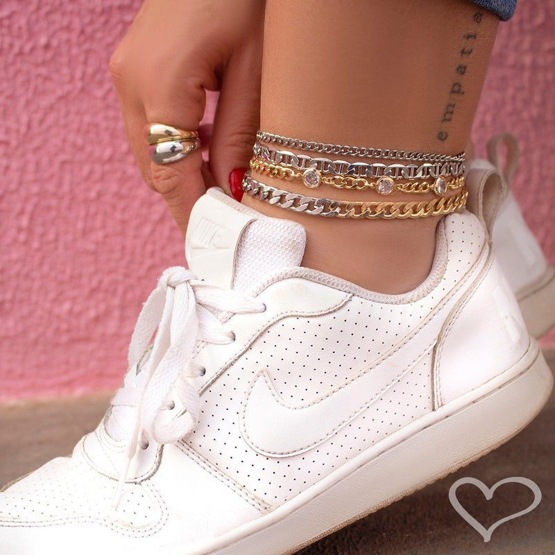 Tornozeleira Piuka Raiza Folheada a Ouro 18k e Folheada em Ródio Branco