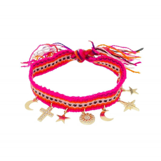 Pulseira e Tornozeleira Lani Tecido Pink Estrela Cruz Mandala Estrela Guia Zircônias