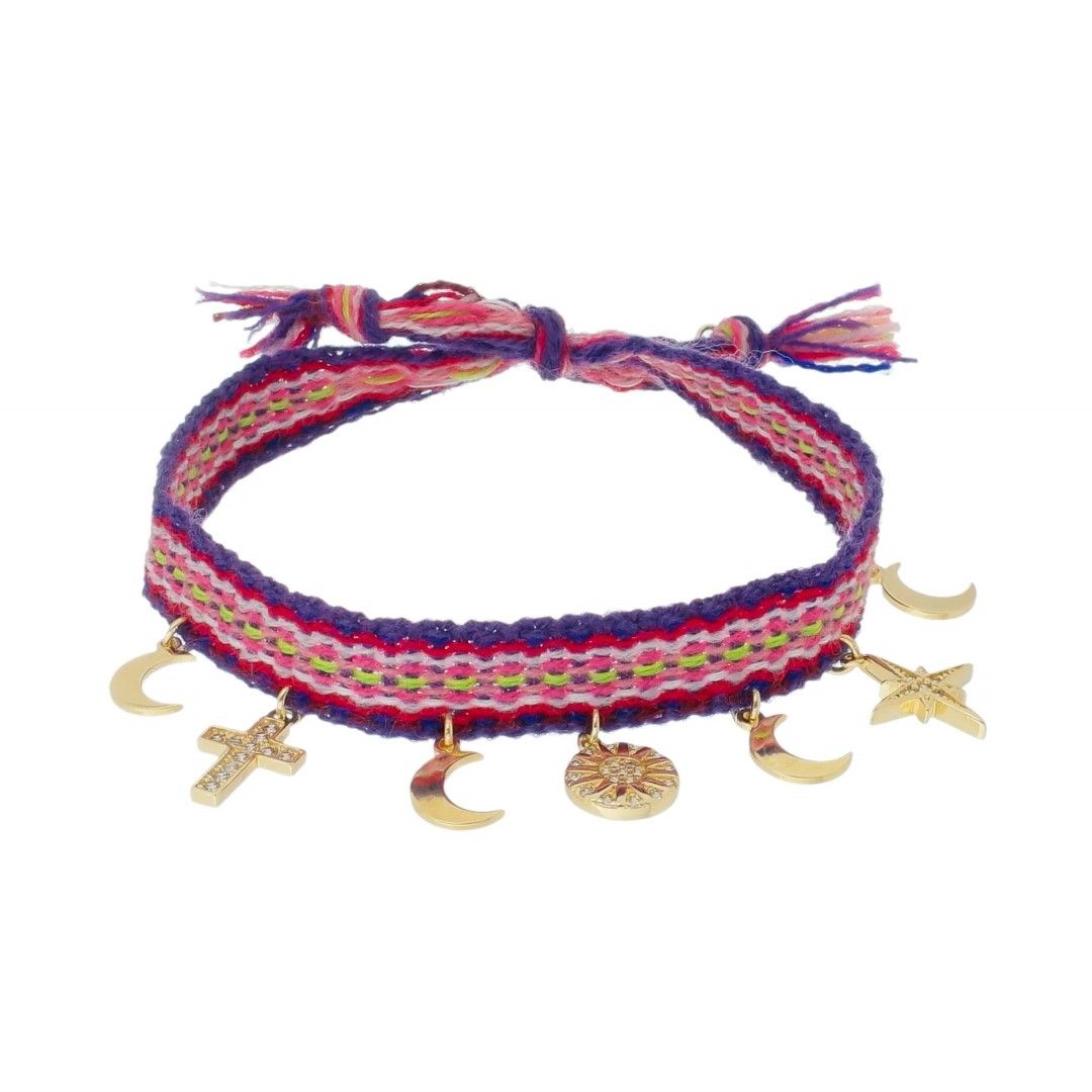 Pulseira e Tornozeleira Lani Tecido Roxo Lua Cruz Mandala Estrela Guia Zircônias