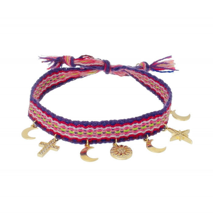 Pulseira e Tornozeleira Lani Tecido Roxo Lua Cruz Mandala Estrela Guia Zircônias