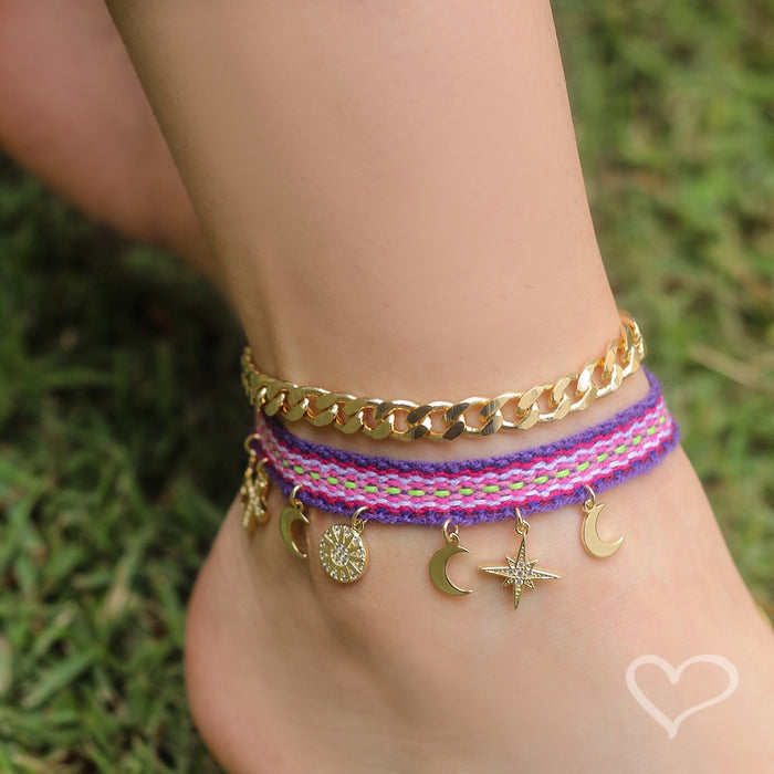 Pulseira e Tornozeleira Lani Tecido Roxo Lua Cruz Mandala Estrela Guia Zircônias
