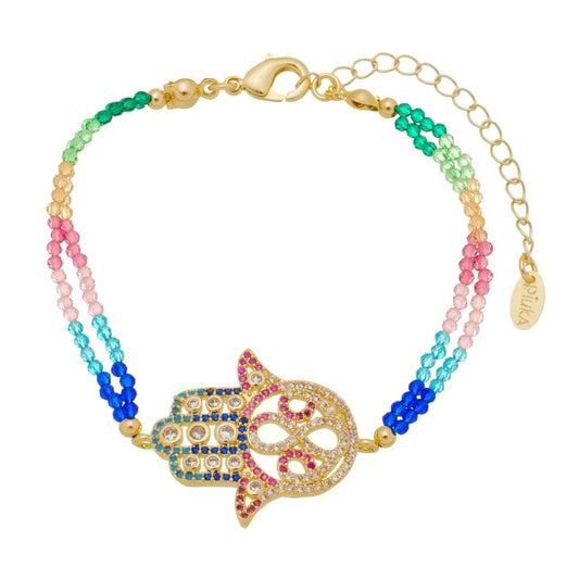 Pulseira Piuka Lara Mão de Fátima Zircônias Coloridas Folheada a Ouro 18k