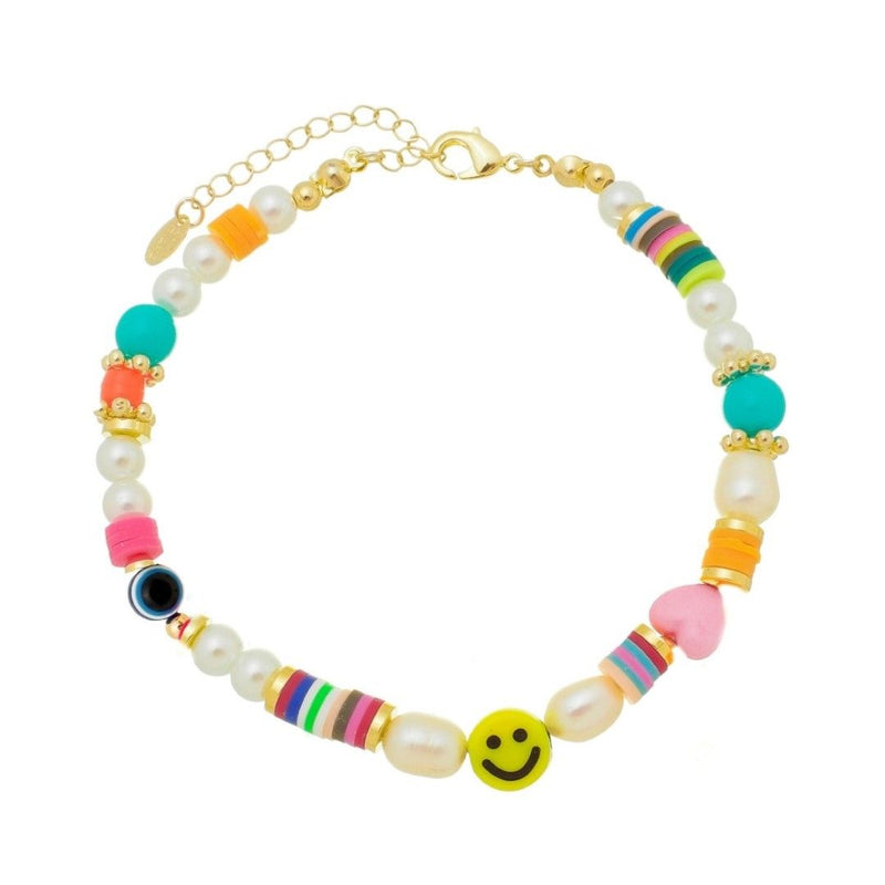 Tornozeleira Piuka Kaly Smile Estrela Pérolas Fimos Murano Multicolorido