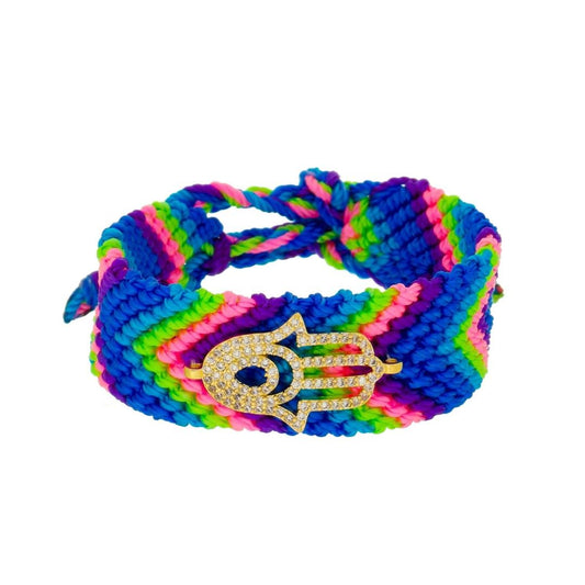 Pulseira Mão de Fátima Ajustável Danna Macramê Tons de Azul Zircônias Folheada a Ouro 18k