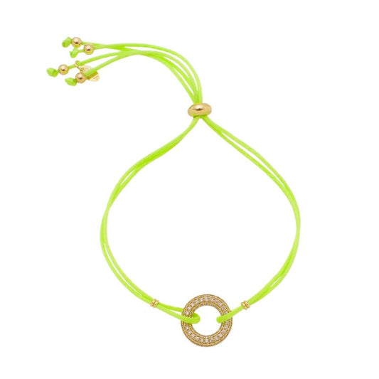 Pulseira Piuka Charlotte Fios de Seda Ajustável Círculo Zircônias Verde Neon Folheada a Ouro 18k