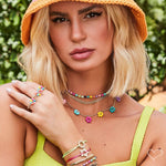 Pulseira Piuka Charlotte Fios de Seda Ajustável Círculo Zircônias Verde Neon Folheada a Ouro 18k
