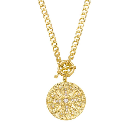 Colar de Estrela Medalha Atria Elos Zircônias Folheado a Ouro 18k