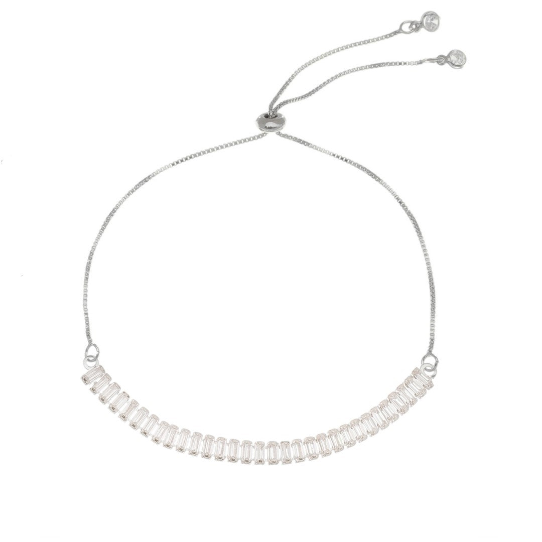 Pulseira Ajustável Folheada em Ródio Branco Taylor Pequena Zircônias Baguete Cristal