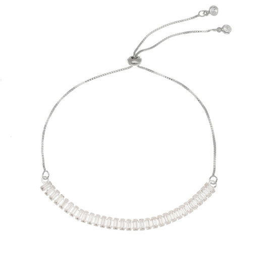 Pulseira Ajustável Folheada em Ródio Branco Taylor Pequena Zircônias Baguete Cristal