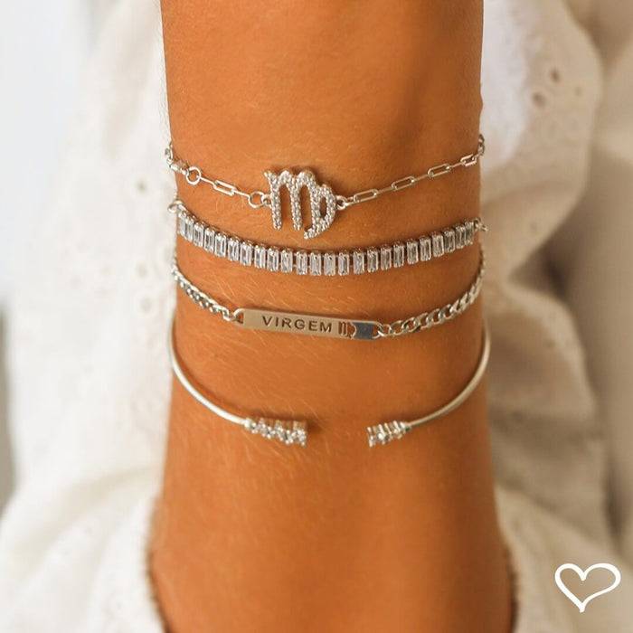Pulseira Ajustável Folheada em Ródio Branco Taylor Pequena Zircônias Baguete Cristal
