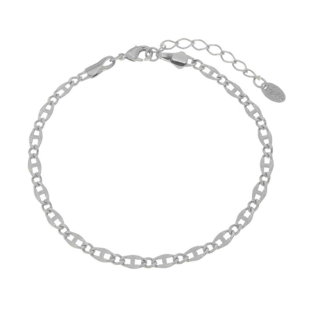 Pulseira Feminina Corrente Elos Trabalhada Folheada em Ródio Branco Lu