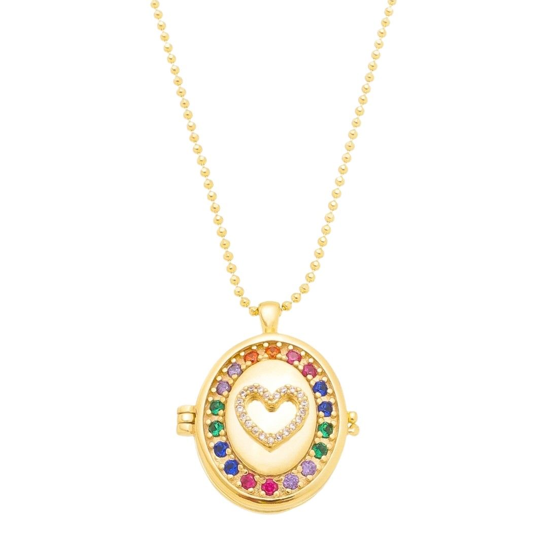 Colar Relicário de Coração Life Zircônias Coloridas Folheado a Ouro 18k
