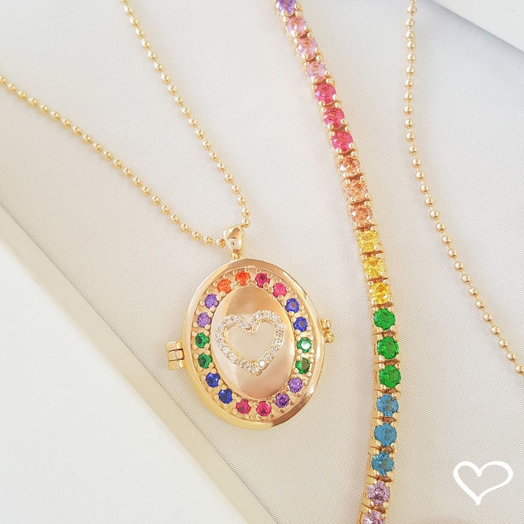 Colar Relicário de Coração Life Zircônias Coloridas Folheado a Ouro 18k