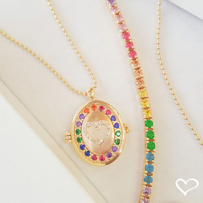 Colar Relicário de Coração Life Zircônias Coloridas Folheado a Ouro 18k