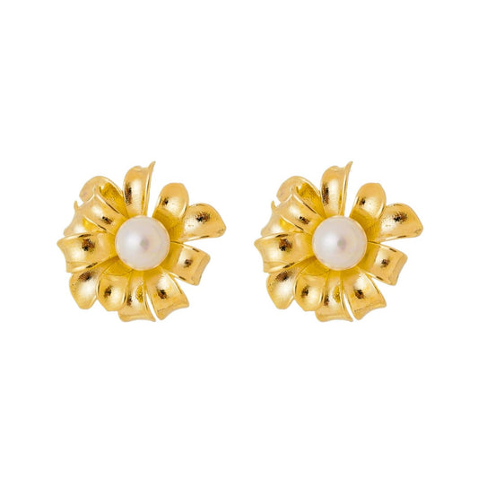 Brinco Piuka Vanessa Flor Pérola Folheado a Ouro 18k