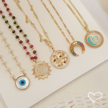 Colar Piuka Luna Chifre Italiano Zircônias Coloridas Folheado a Ouro 18k