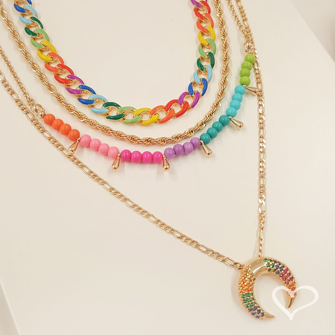 Colar Piuka Luna Chifre Italiano Zircônias Coloridas Folheado a Ouro 18k