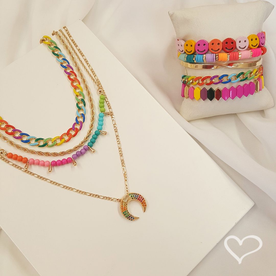 Colar Piuka Luna Chifre Italiano Zircônias Coloridas Folheado a Ouro 18k