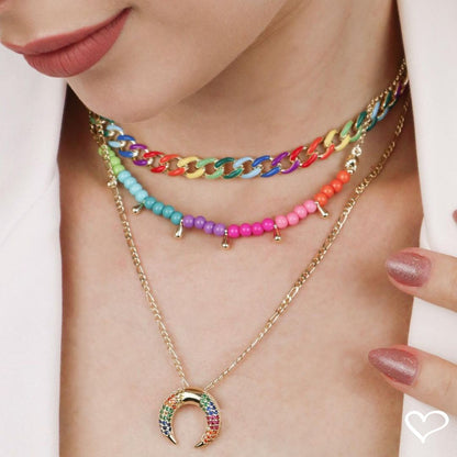 Colar Piuka Luna Chifre Italiano Zircônias Coloridas Folheado a Ouro 18k