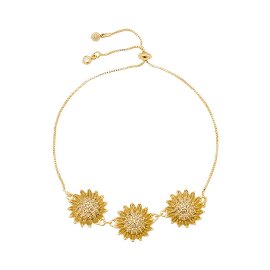 Pulseira Piuka Ajustável Lina 3 Girassóis Zircônias Folheada a Ouro 18k