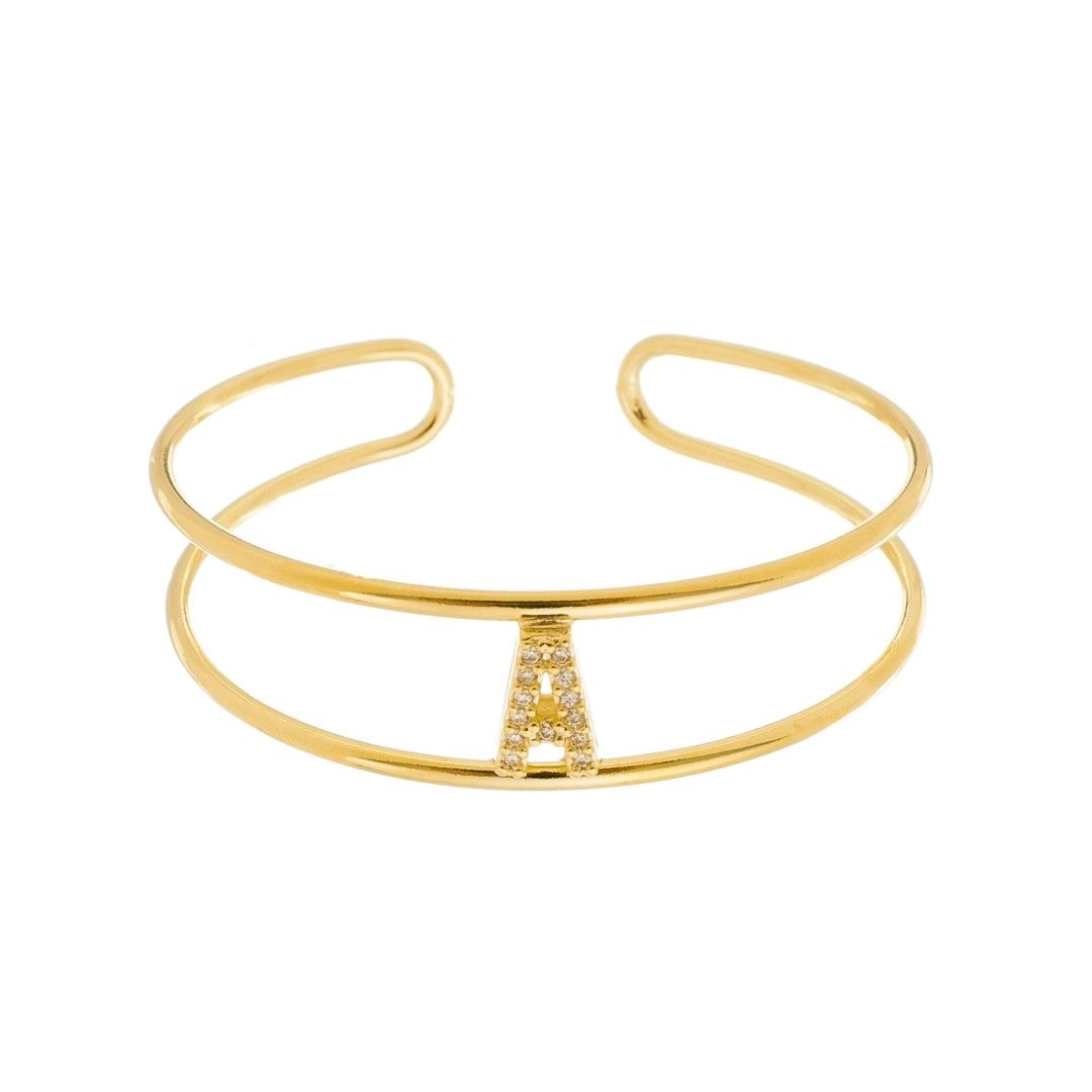 Bracelete Piuka Lina Letra Inicial Aro Duplo Zircônias Folheado a Ouro 18k