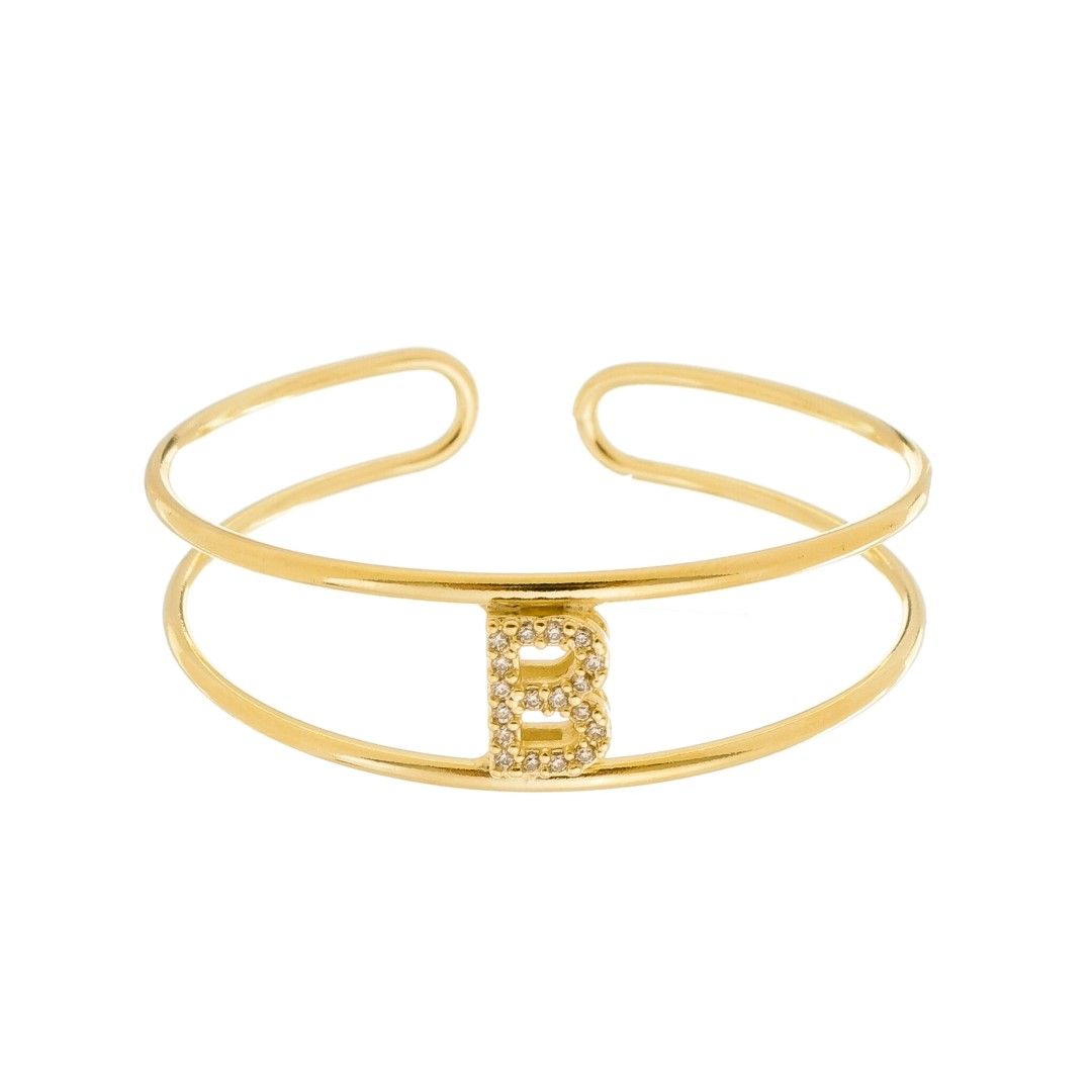 Bracelete Piuka Lina Letra Inicial Aro Duplo Zircônias Folheado a Ouro 18k