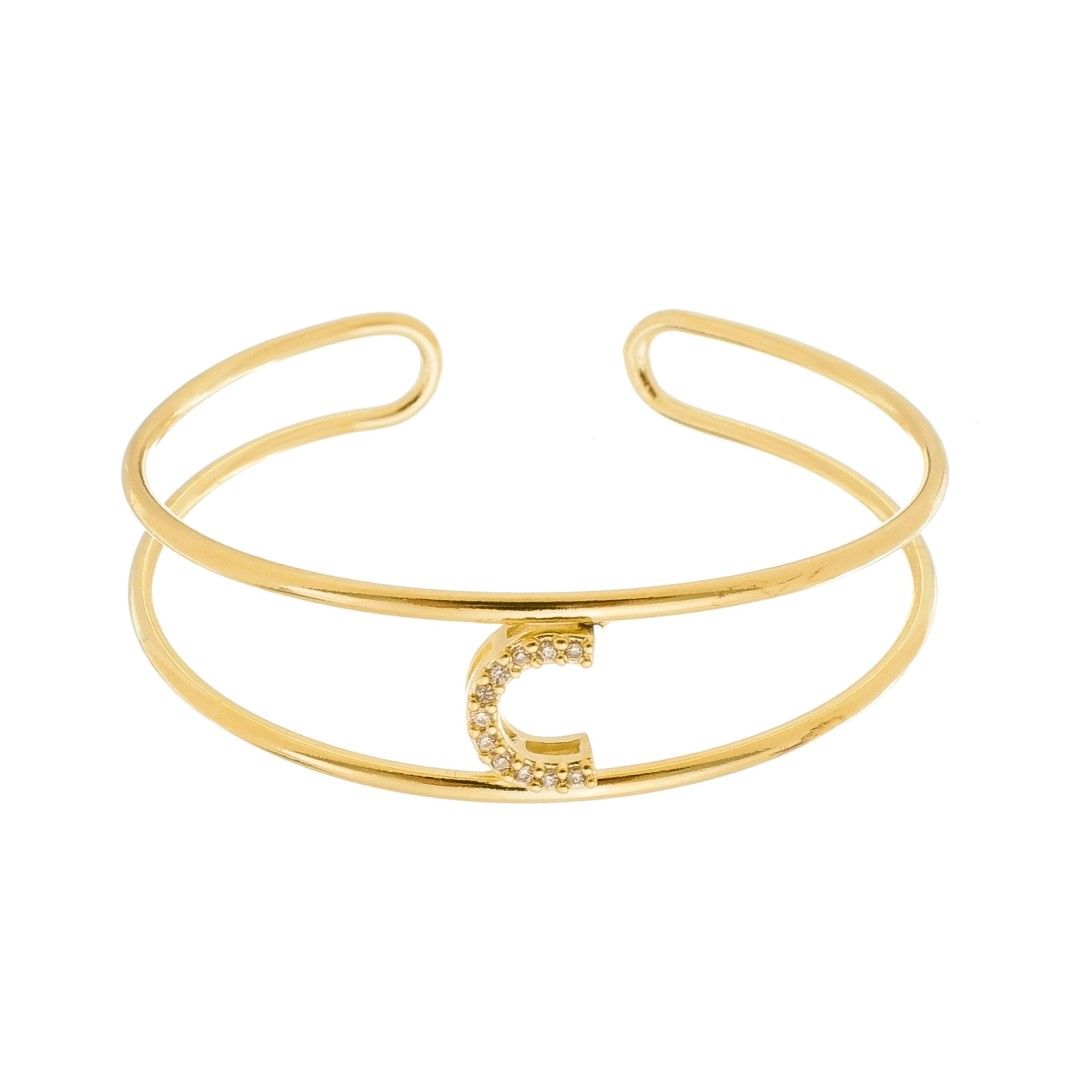 Bracelete Piuka Lina Letra Inicial Aro Duplo Zircônias Folheado a Ouro 18k
