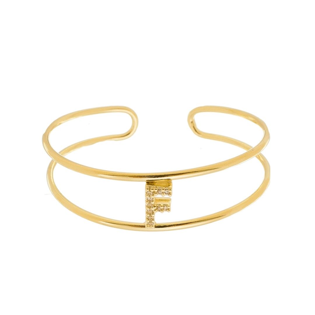 Bracelete Piuka Lina Letra Inicial Aro Duplo Zircônias Folheado a Ouro 18k