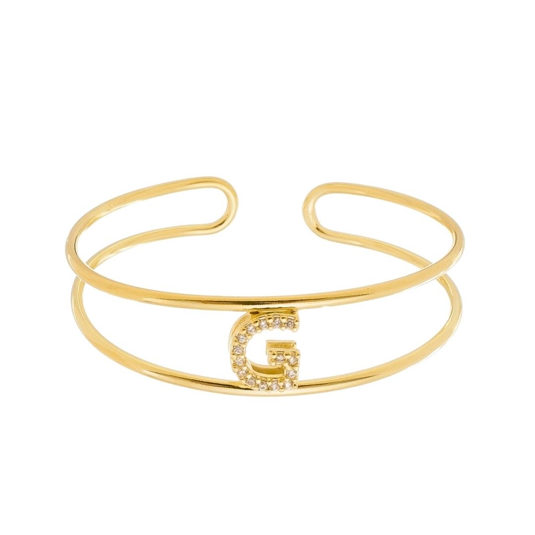 Bracelete Piuka Lina Letra Inicial Aro Duplo Zircônias Folheado a Ouro 18k