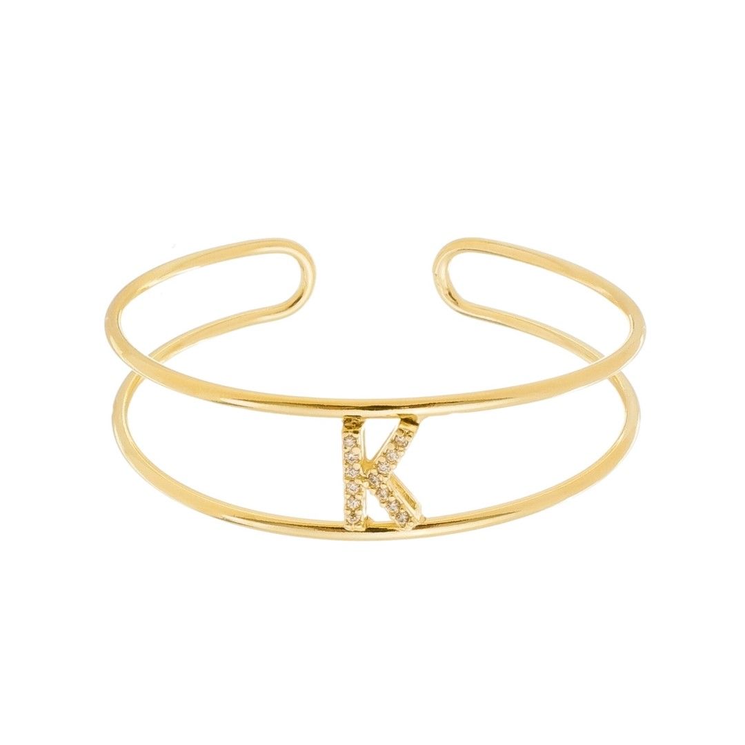 Bracelete Piuka Lina Letra Inicial Aro Duplo Zircônias Folheado a Ouro 18k