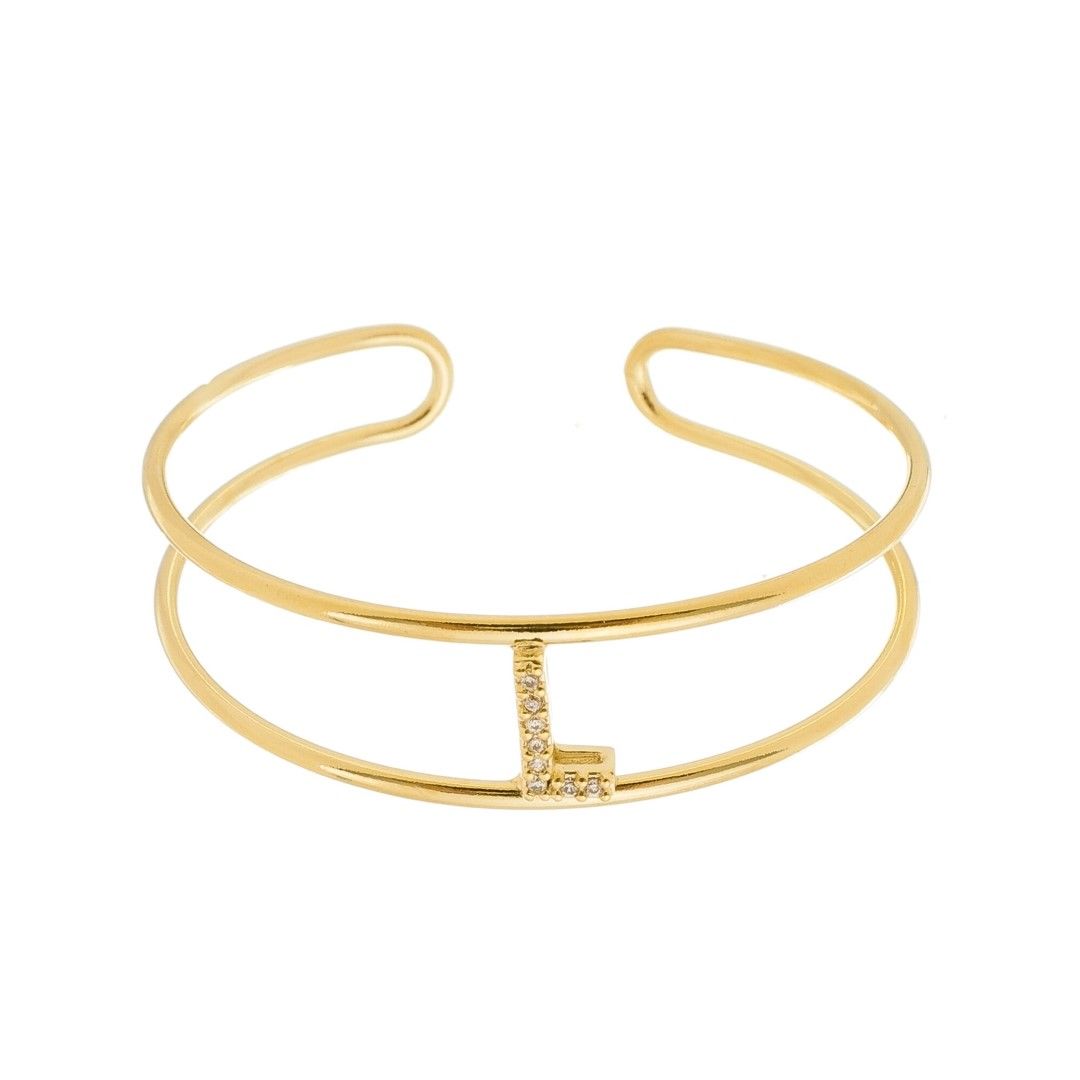 Bracelete Piuka Lina Letra Inicial Aro Duplo Zircônias Folheado a Ouro 18k