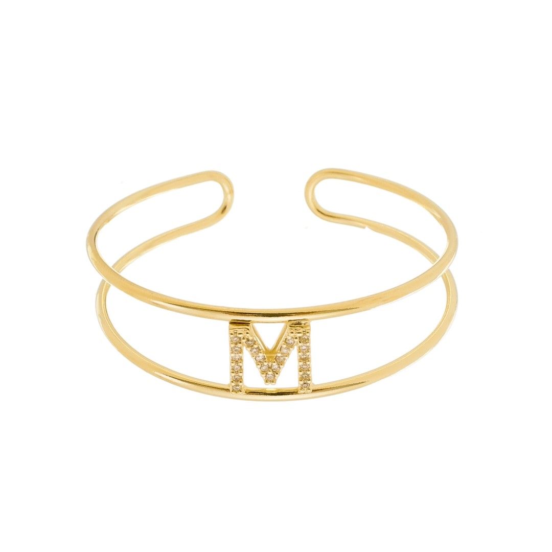 Bracelete Piuka Lina Letra Inicial Aro Duplo Zircônias Folheado a Ouro 18k