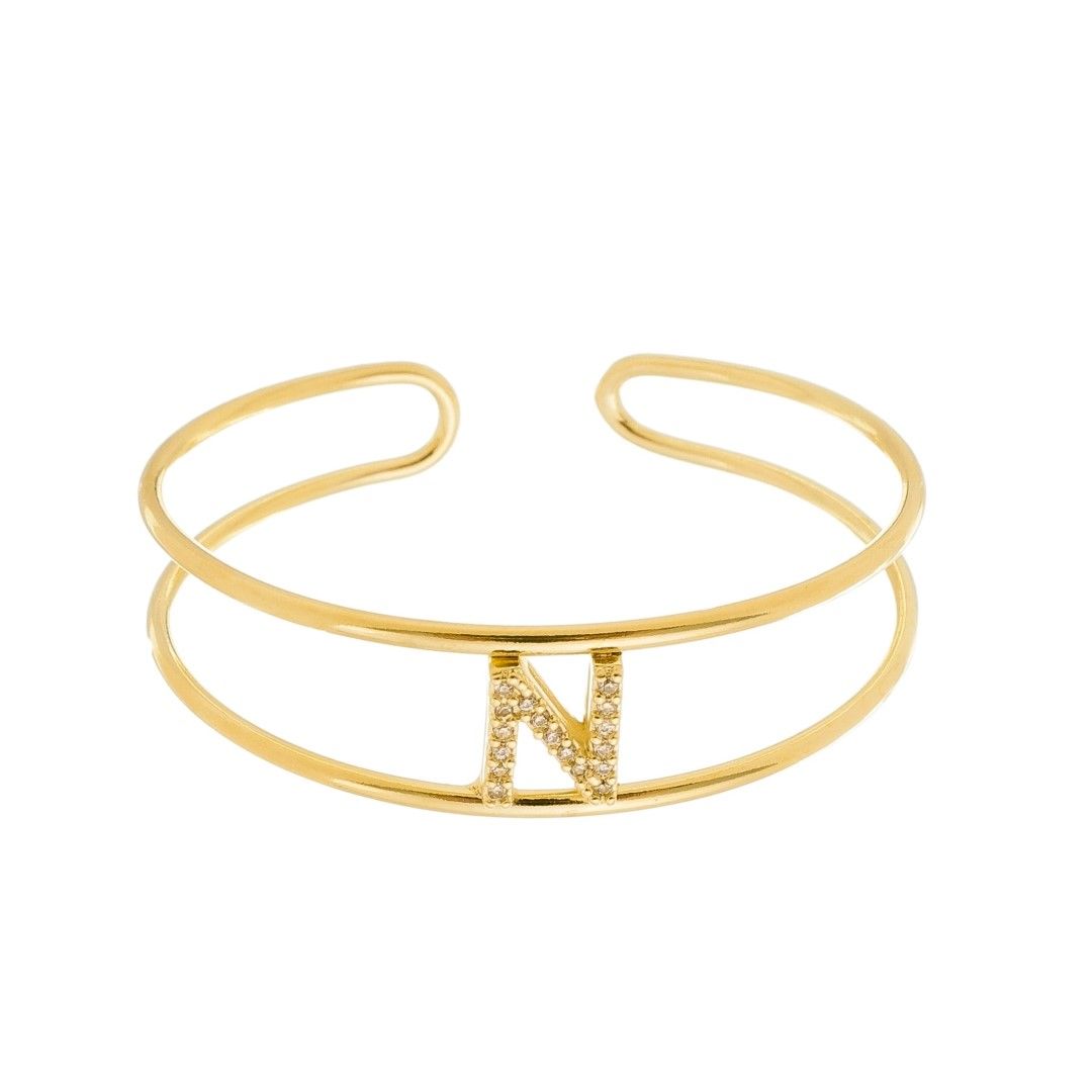 Bracelete Piuka Lina Letra Inicial Aro Duplo Zircônias Folheado a Ouro 18k