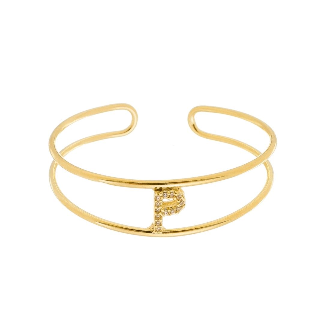 Bracelete Piuka Lina Letra Inicial Aro Duplo Zircônias Folheado a Ouro 18k