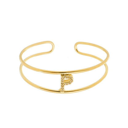 Bracelete Piuka Lina Letra Inicial Aro Duplo Zircônias Folheado a Ouro 18k