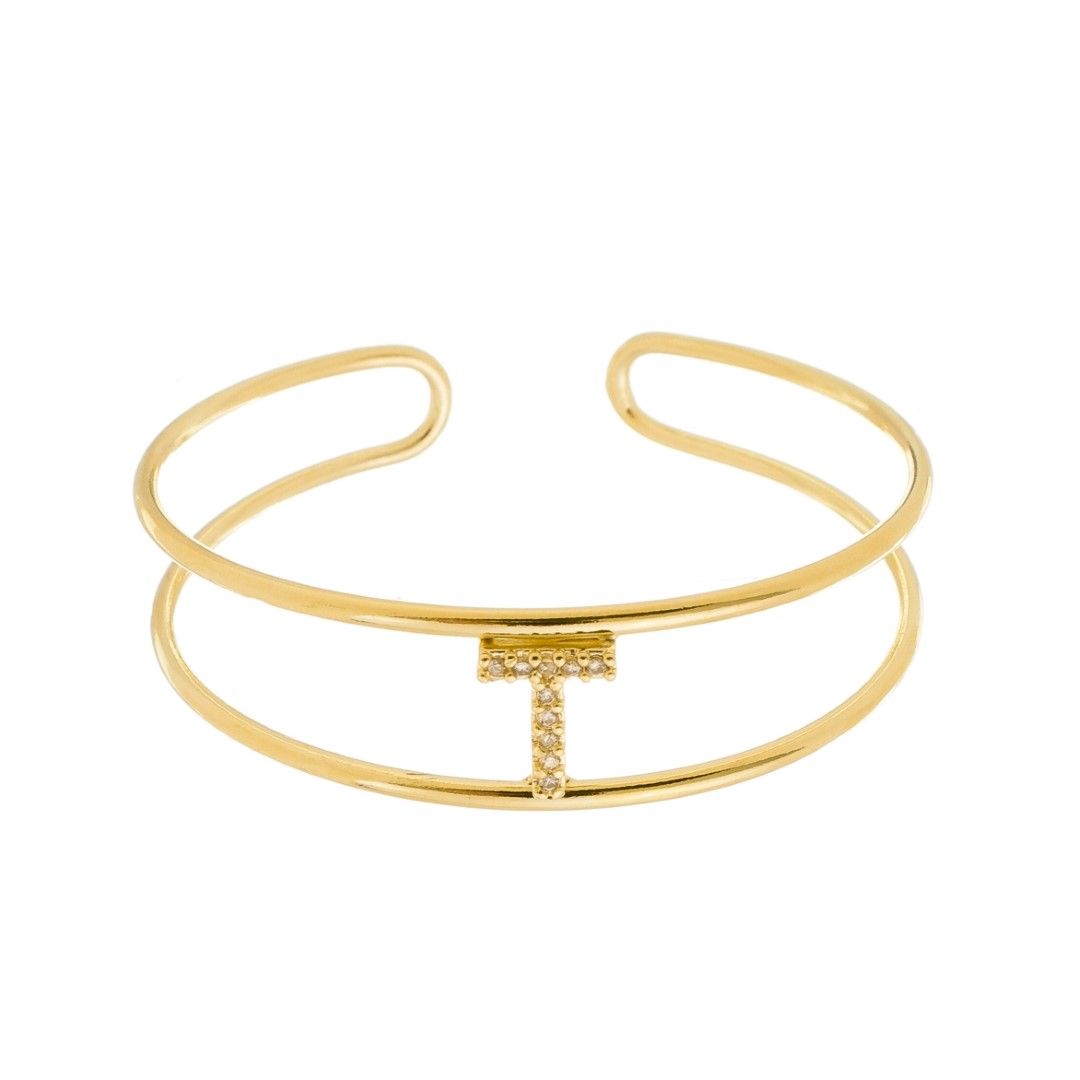 Bracelete Piuka Lina Letra Inicial Aro Duplo Zircônias Folheado a Ouro 18k