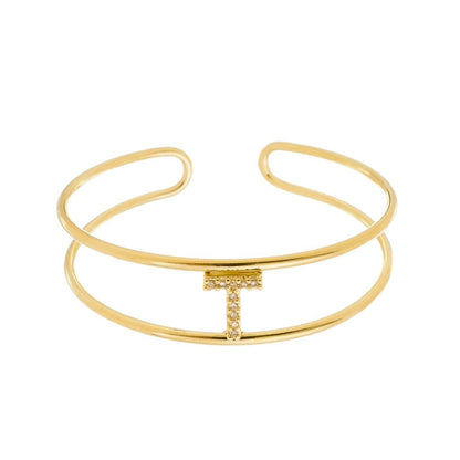 Bracelete Piuka Lina Letra Inicial Aro Duplo Zircônias Folheado a Ouro 18k