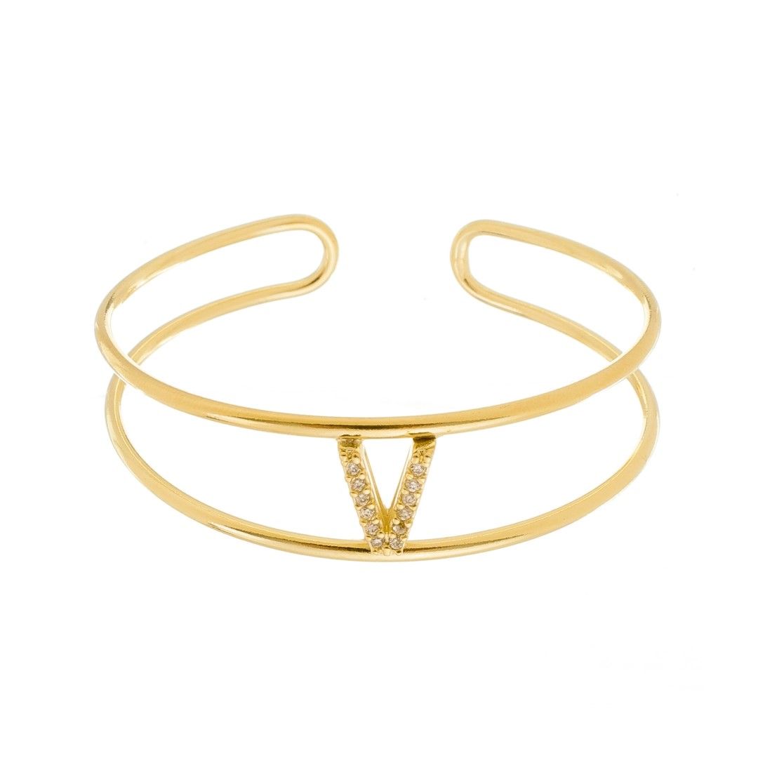 Bracelete Piuka Lina Letra Inicial Aro Duplo Zircônias Folheado a Ouro 18k