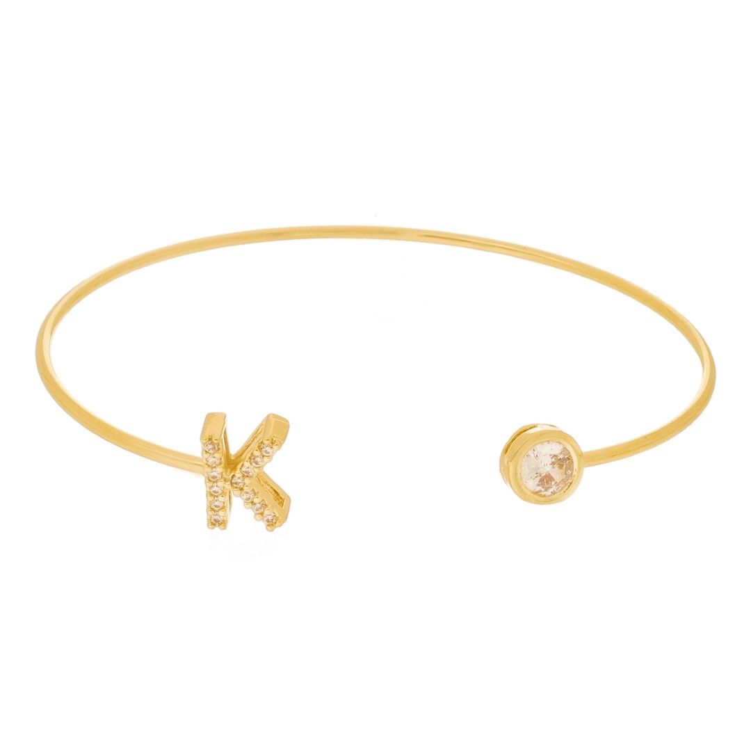 Bracelete Piuka Jade Letra Inicial Ponto de Luz Zircônias Folheado a Ouro 18k