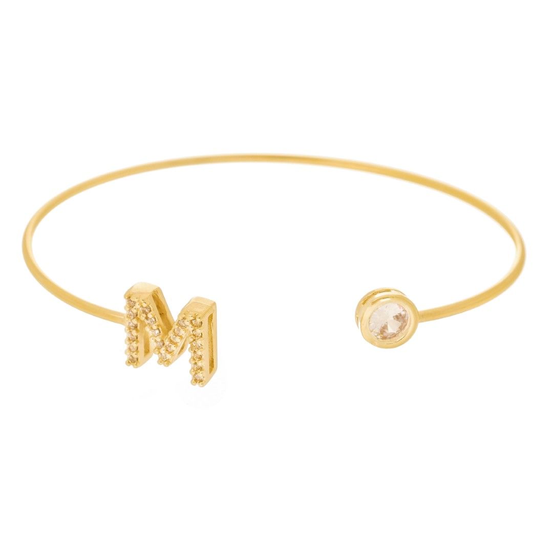 Bracelete Piuka Jade Letra Inicial Ponto de Luz Zircônias Folheado a Ouro 18k