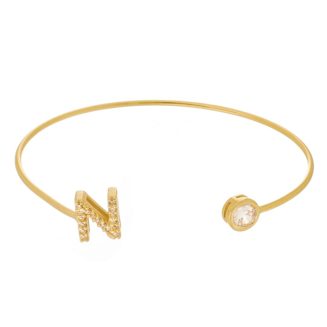 Bracelete Piuka Jade Letra Inicial Ponto de Luz Zircônias Folheado a Ouro 18k