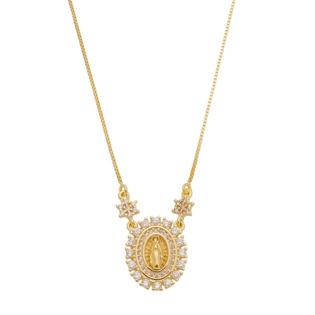 Colar Piuka Medalha Oval Pequena Nossa Senhora das Graças Zircônias Folheado a Ouro 18k