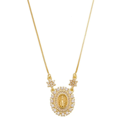 Colar Piuka Medalha Oval Pequena Nossa Senhora das Graças Zircônias Folheado a Ouro 18k