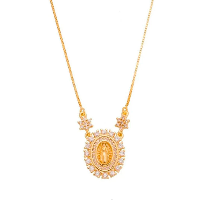 Colar Piuka Medalha Oval Pequena Nossa Senhora das Graças Zircônias Folheado a Ouro 18k