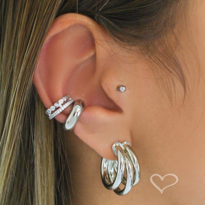 Brinco de Argola Tripla Tubo Liso Enola P Folheado em Ródio Branco